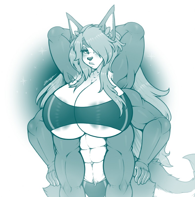 6_arms abs anthro big_breasts breasts clothing female hands_behind_head hands_on_hips huge_breasts lips looking_at_viewer makeup multi_arm multi_limb multifur muscular muscular_anthro muscular_female solo thick_lips tight_clothing wide_hips alexaxes asura_(balmungofsky) canid canine mammal blue_and_white hi_res monochrome