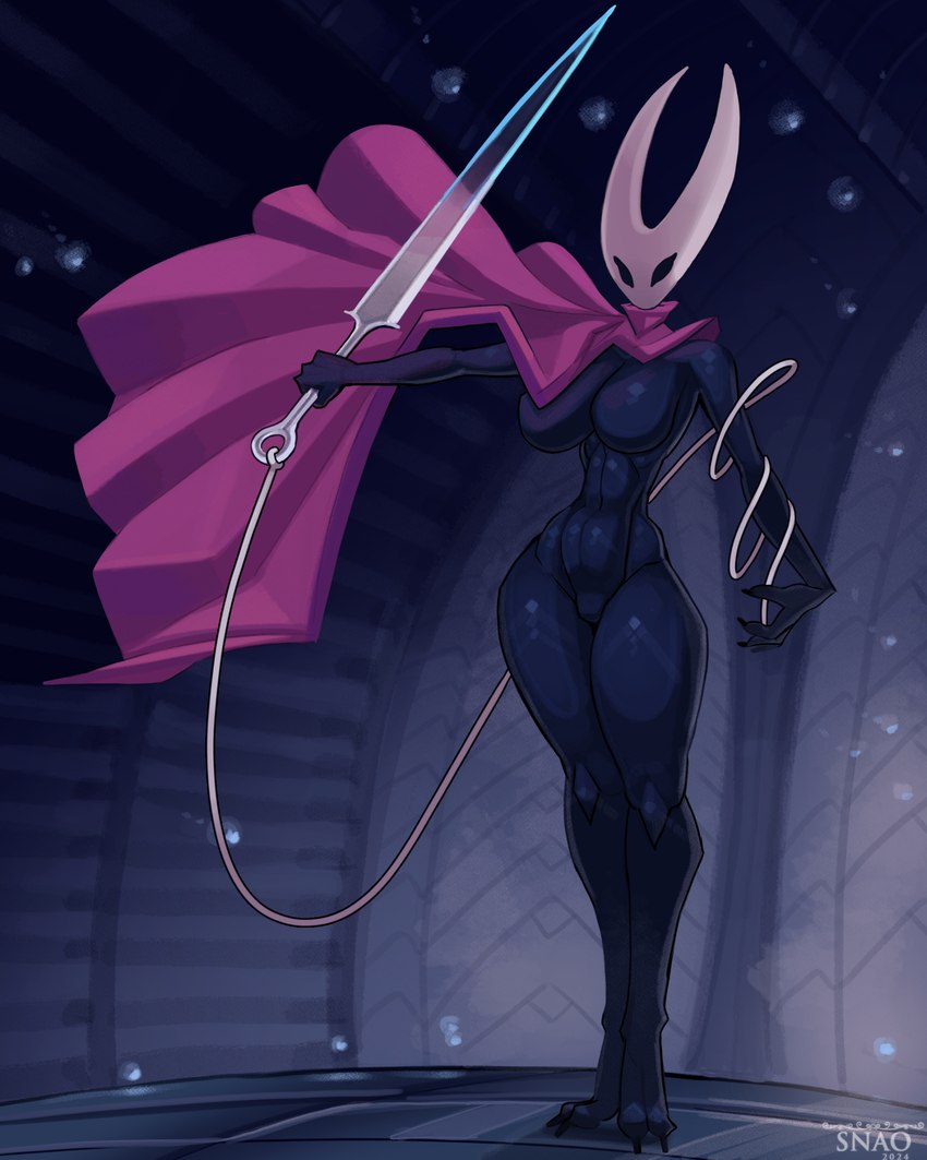 2_horns anthro big_breasts biped black_arms black_body black_breasts black_eyes black_hands black_legs black_skin breasts cape cape_only clothing featureless_breasts featureless_crotch female fingers front_view holding_object holding_weapon horn mostly_nude mouthless nail_(weapon) noseless sewing_needle slim small_waist solo standing text weapon snao hollow_knight team_cherry hornet_(hollow_knight) arthropod 2024 artist_name dated english_text hi_res