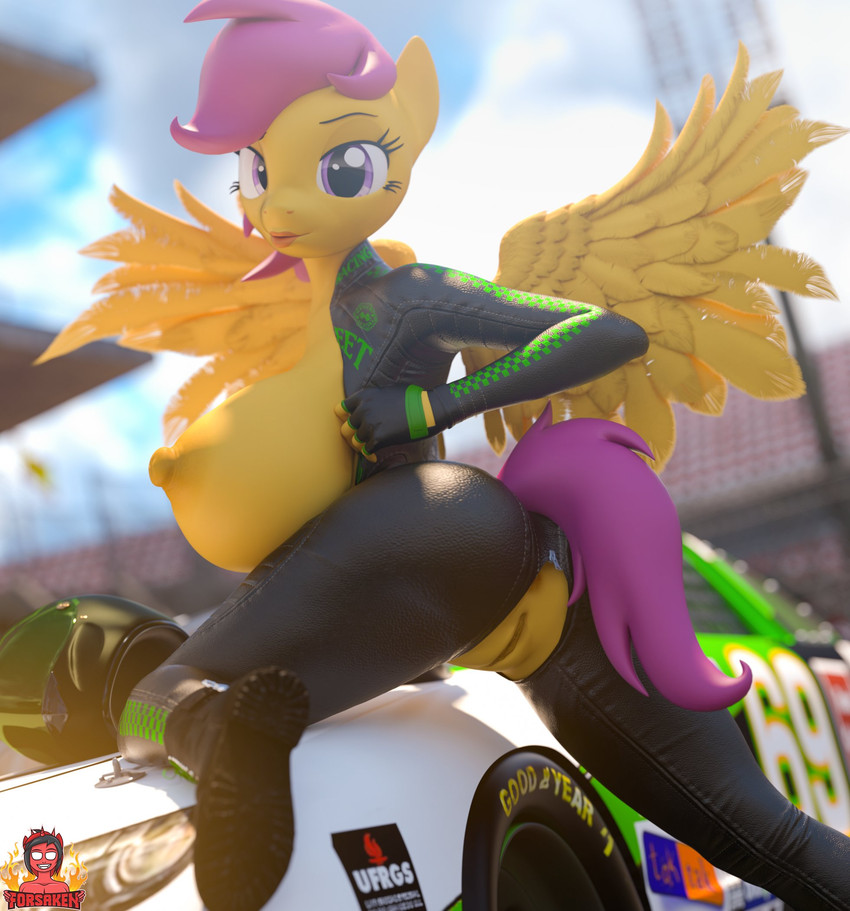 anthro anthrofied anus armor big_breasts breasts butt clothed clothing female fingerless_gloves genitals gloves hair handwear headgear helmet leather looking_at_viewer open_clothing overalls partially_clothed pose purple_eyes purple_hair pussy race_car solo wings forsaken_(artist) friendship_is_magic hasbro my_little_pony mythology scootaloo_(mlp) equid equine mammal mythological_creature mythological_equine pegasus 2020 3d_(artwork) digital_media_(artwork) hi_res