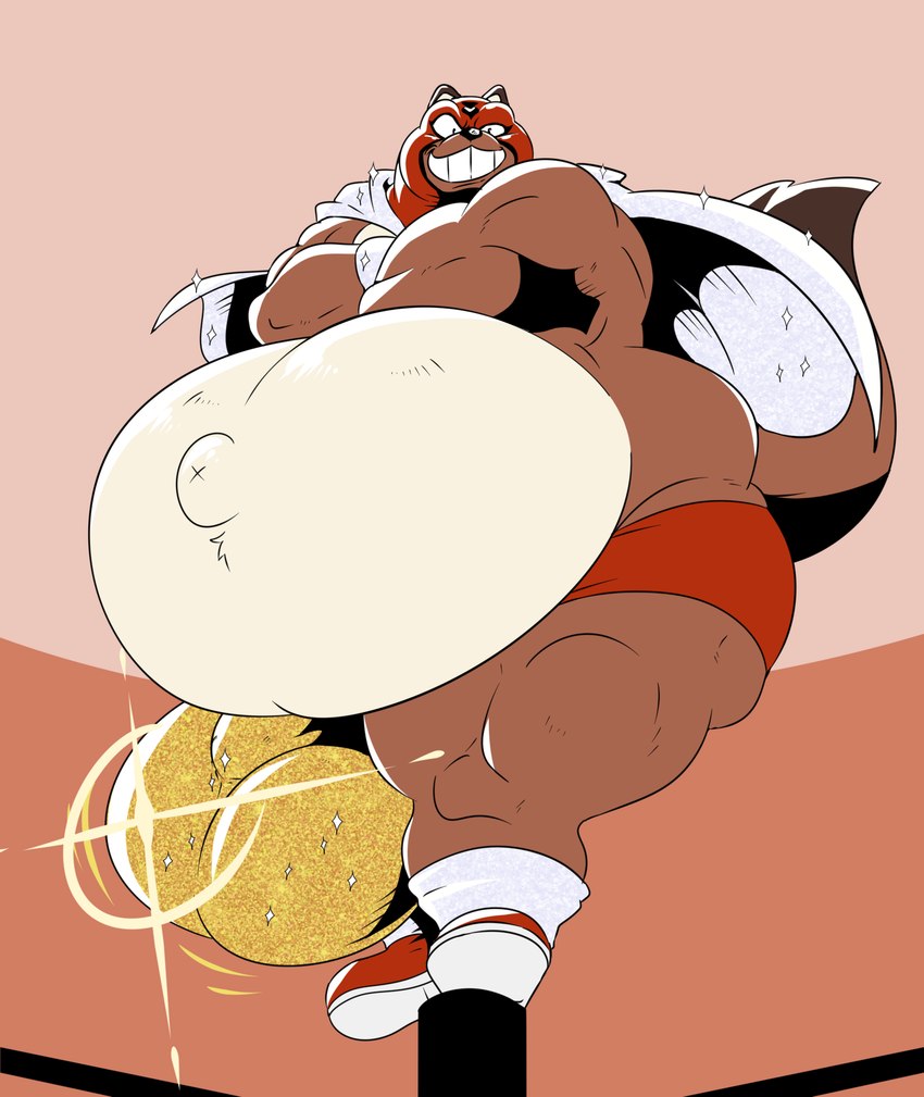 anthro balls belly big_balls big_belly big_bulge brown_body bulge cape clothing crossed_arms detailed_bulge footwear genitals grin huge_balls huge_belly huge_bulge male mask overweight overweight_anthro overweight_male shoes smile solo sports_mask sportswear underwear wrestling_mask reagan700 dai_(a-side) canid canine mammal raccoon_dog tanuki hi_res