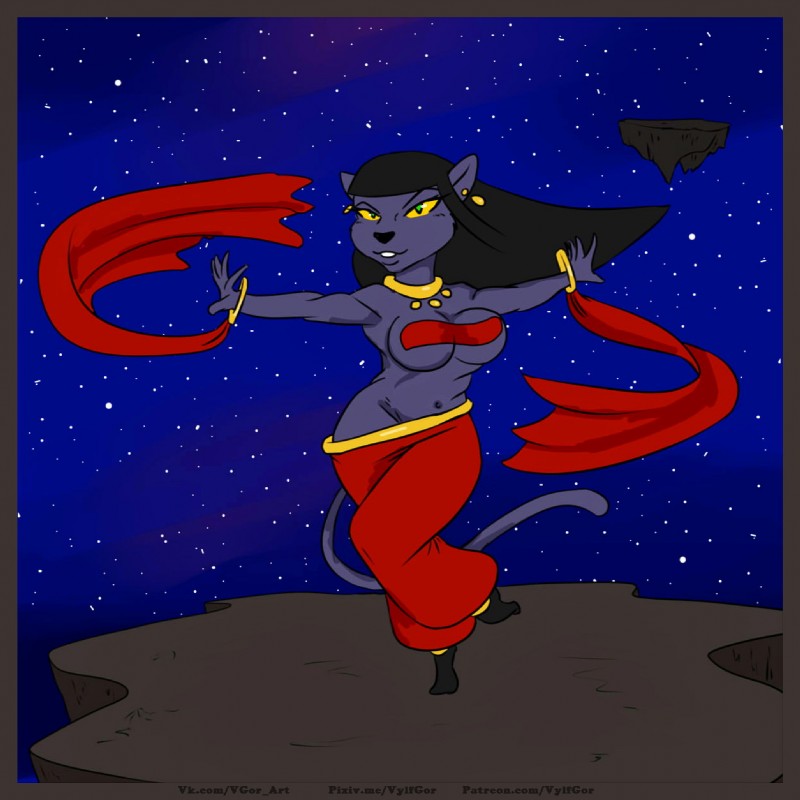 action_pose anthro arabian belly_dancing big_breasts black_hair black_nose breasts clothed clothing female hair melanistic pose smile solo vylfgor disney disney's_aladdin mirage_(disney) felid mammal pantherine 1:1 2020 digital_media_(artwork) hi_res