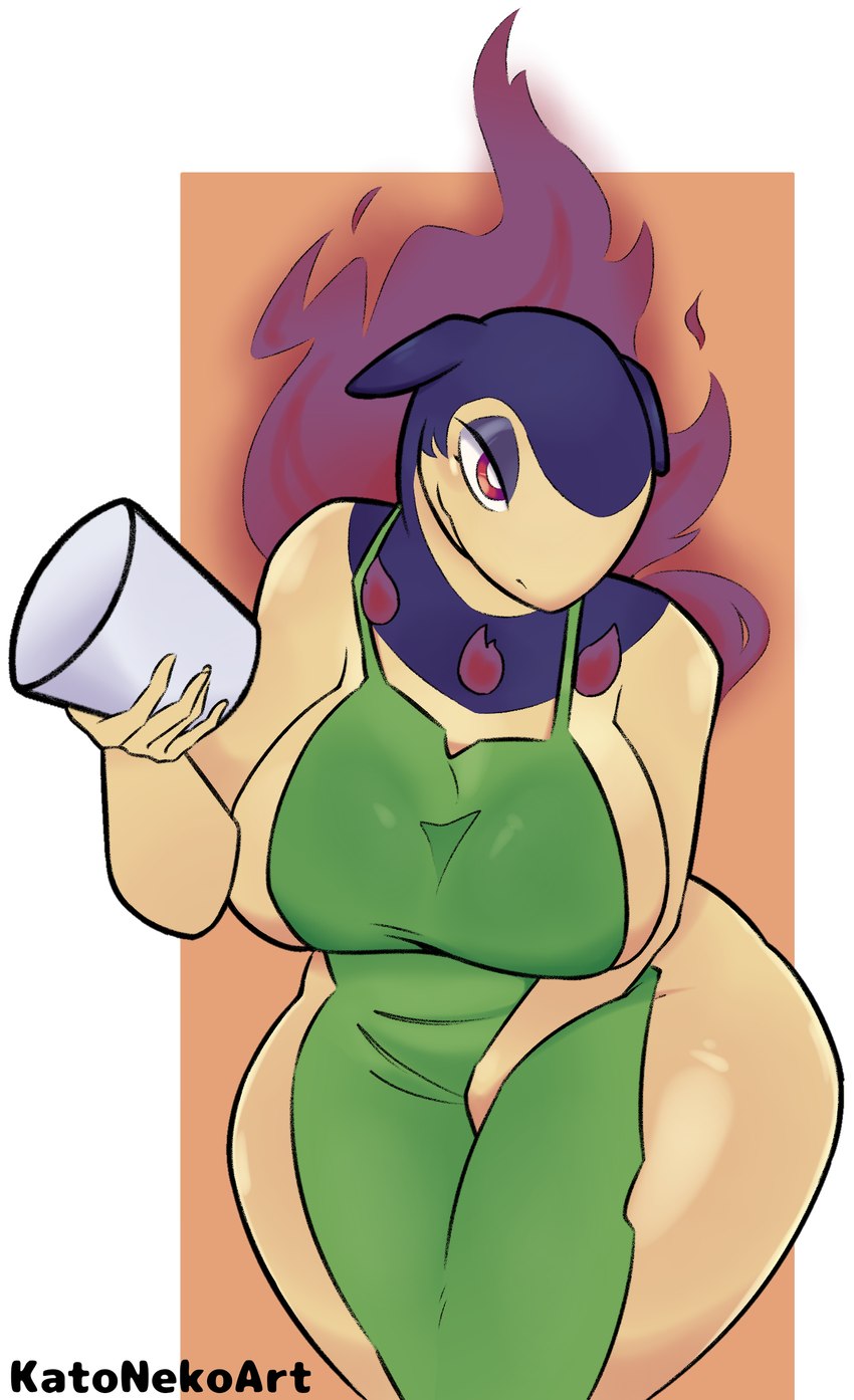 anthro apron barista bedroom_eyes big_breasts biped breasts clothed clothed_anthro clothed_female clothing container cup female fingers front_view green_apron green_clothing holding_container holding_cup holding_object humanoid_hands looking_at_viewer narrowed_eyes overflowing_breasts red_eyes seductive simple_background smile solo standing text thick_thighs wide_hips katoneko nintendo pokemon generation_8_pokemon hisuian_form hisuian_typhlosion pokemon_(species) regional_form_(pokemon) 2024 absurd_res artist_name colored hi_res portrait three-quarter_portrait