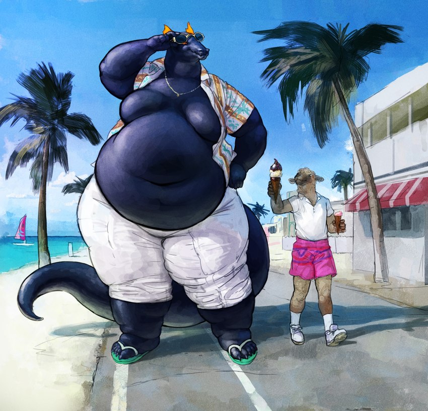 anthro beach belly black_body black_skin blue_sky boardwalk boat bottomwear building clothed clothing dessert dress_shirt duo eye_contact eyewear featureless_chest flip_flops food footwear front_view fully_clothed fur hand_on_hip holding_food holding_object ice_cream jewelry looking_at_another looking_down_at_partner looking_up_at_partner macro male moobs necklace obese obese_anthro obese_male open_clothing open_shirt open_topwear orange_eyes outside overweight overweight_anthro overweight_male palm_tree pants partially_clothed path plant sand sandals sea seaside shirt shoes shorts size_difference sky socks standing sunglasses tail tan_body tan_fur thick_tail topwear tree vehicle walking water watercraft window cettus mythology fritjof bovid caprine dragon mammal mythological_creature mythological_scalie scalie sheep 2023 hi_res