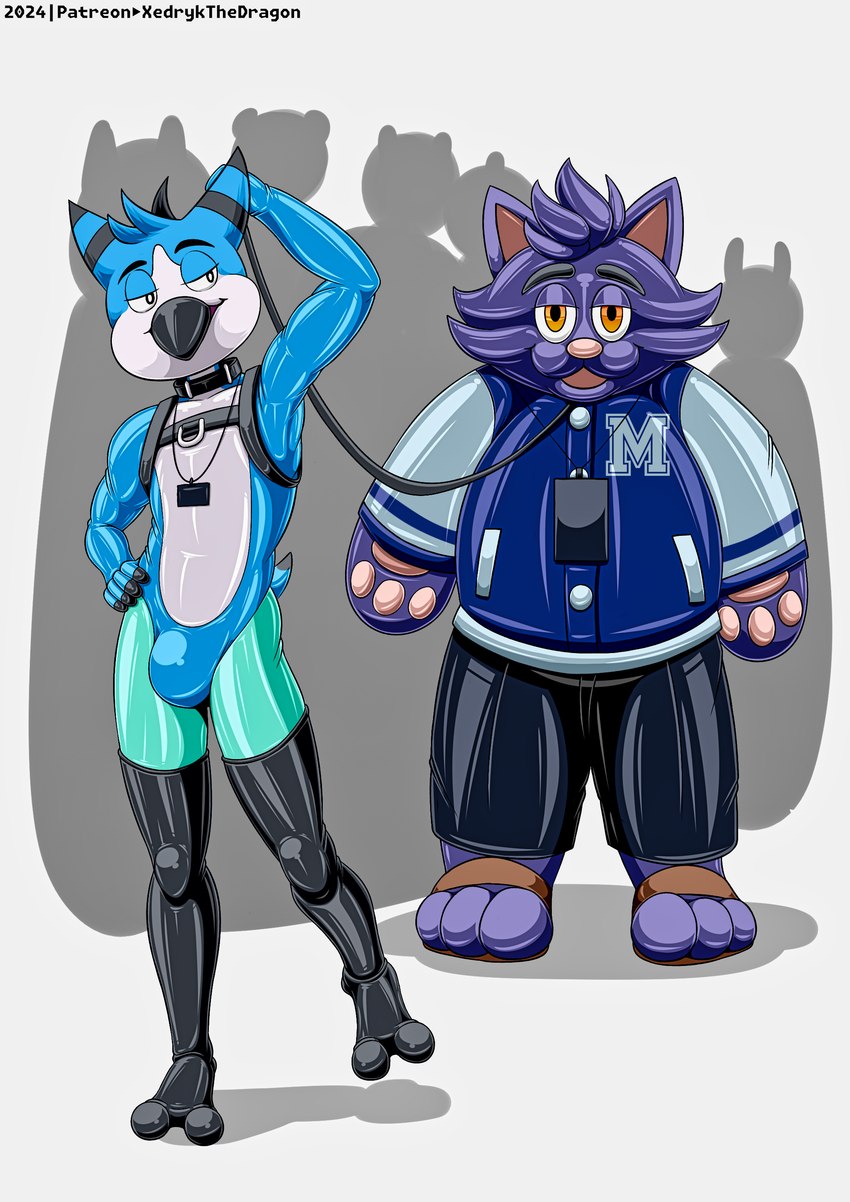 after_transformation ambiguous_gender anthro bound clothing duo_focus encasement group handwear harness latex male male/ambiguous mascot mittens null null_bulge suit xedrykthedragon mittens_(panapoliz) owy_(character) avian bird absurd_res hi_res