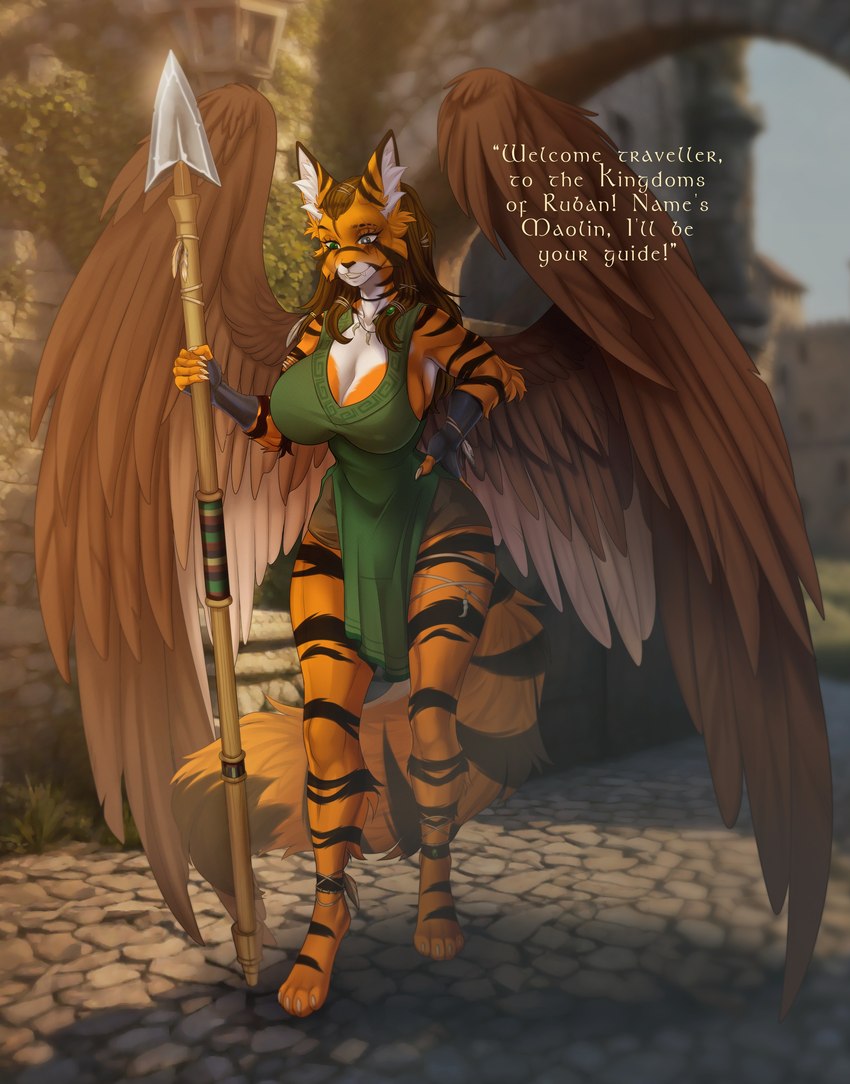 anthro big_breasts breasts detailed_background eye_scar facial_scar female maolin_(gamal) melee_weapon muscular muscular_anthro muscular_female polearm scar solo spear text weapon aimi european_mythology greek_mythology mythology avian felid harpy hybrid mammal mythological_avian mythological_creature pantherine tiger 2024 absurd_res english_text hi_res