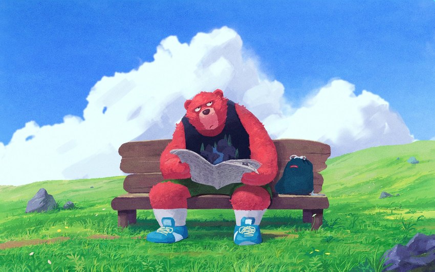 anthro backpack bench bottomwear clothing detailed_background fur male newspaper outside red_body red_fur shirt shorts sitting solo topwear mugicaan1 bear mammal 2018 hi_res