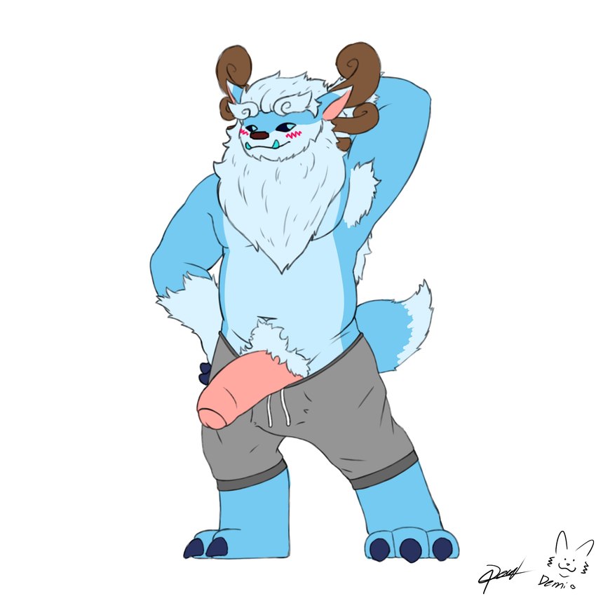 blush clothing erection fur genitals male penis simple_background smile solo tail demi_owo league_of_legends riot_games tencent willump_(lol) yeti hi_res