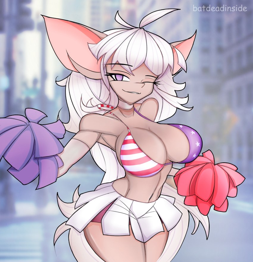 anthro bat_ears big_ears big_eyes bikini bikini_top blonde_hair bottomwear breasts cheerleader cheerleader_outfit clothed clothing dark_body dark_skin female front_view gloves hair handwear long_ears long_hair purple_eyes skirt smile solo standing swimwear thick_thighs topwear two-piece_swimsuit united_states_of_america white_clothing white_hair batdeadinside danielle_(batdeadinside) fan_character bat mammal digital_drawing_(artwork) digital_media_(artwork)