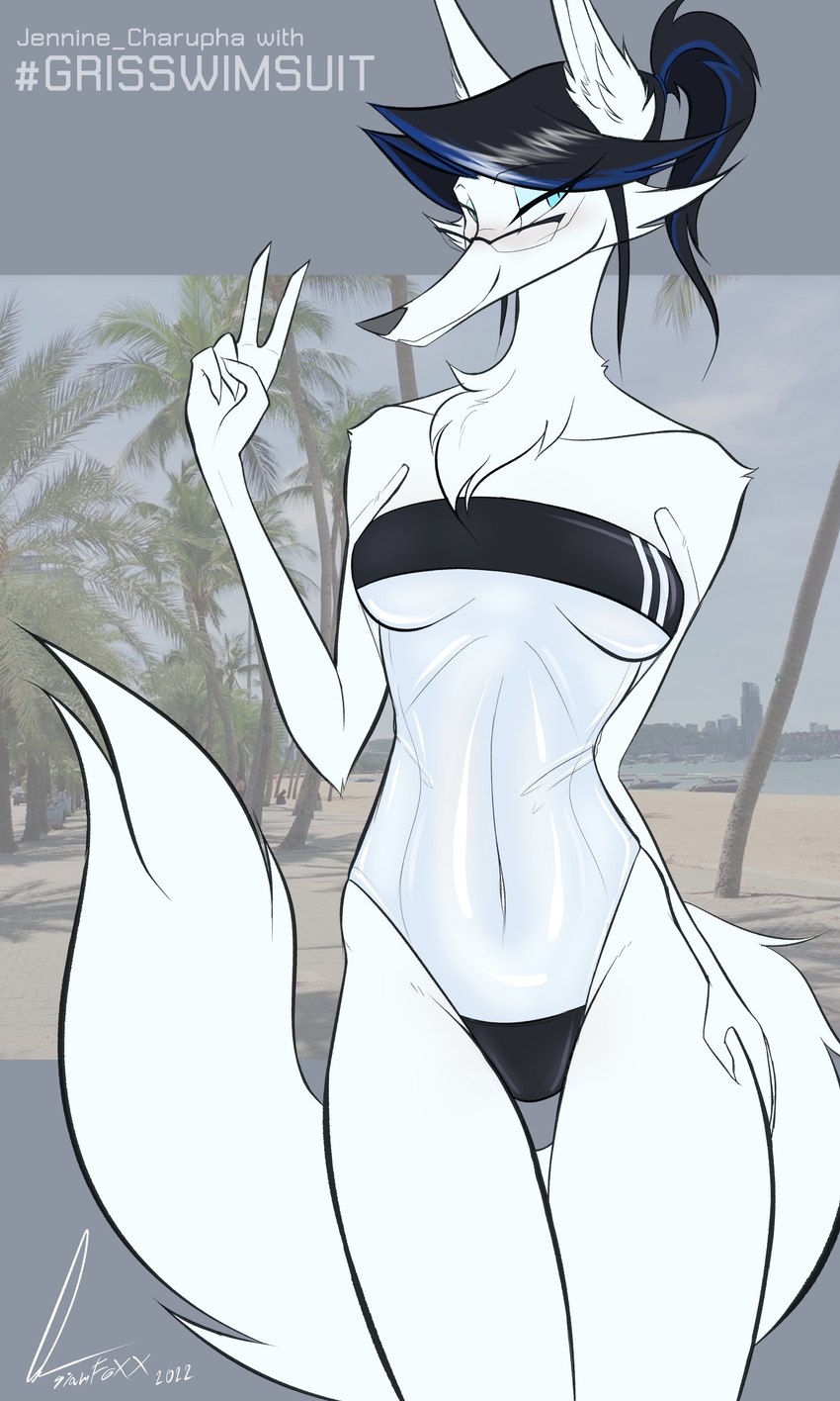 anthro blush breasts clothed clothing eyewear female fur glasses hair medium_breasts one-piece_swimsuit solo swimwear translucent translucent_clothing translucent_swimwear under_boob white_body white_fur siam_fox gris_swimsuit meme_clothing miss_jenine canid canine canis fox mammal absurd_res digital_media_(artwork) hi_res meme