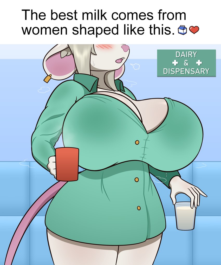 5_fingers anthro big_breasts black_text blush blush_lines bodily_fluids breasts breath cleavage_cutout clothing container cup curvy_figure cutout dress ear_piercing ear_tag emoji female fingers glass green_clothing grey_hair hair heart_symbol holding_object huge_breasts huge_hips huge_thighs inner_ear_fluff inside mature_female milk mug musk nurse nurse_clothing nurse_uniform open_mouth piercing pink_nose raised_finger raised_pinky sign solo sweat text thick_thighs tuft uniform voluptuous wall_(structure) white_body wide_hips johnmarten the_best_sex_comes_from_women_shaped_like_this nurse_aloe mammal mouse murid murine rodent 5:6 absurd_res cel_shading english_text hi_res meme portrait shaded three-quarter_portrait