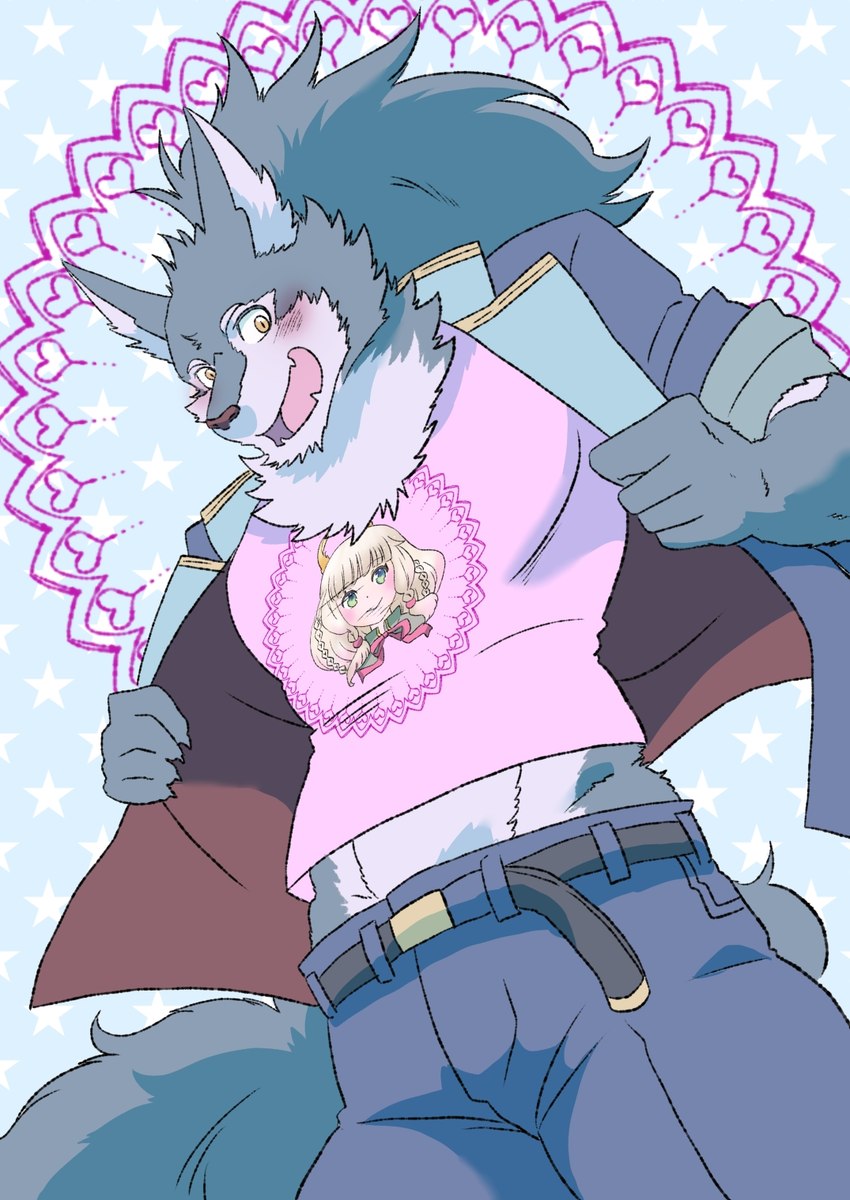 anthro belt blush clothing fur grey_body grey_fur hair long_hair male otaku shirt slim smile solo t-shirt topwear kusarikakemono lifewonders tokyo_afterschool_summoners gabriel_(tas) hati_(tas) canid canine canis human mammal wolf hi_res