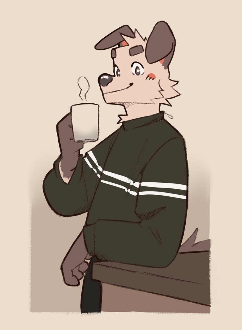 anthro beverage biped blush blush_lines blush_stickers brown_ears brown_eyebrows brown_eyes brown_hands button_ears closed_smile clothed clothed_anthro clothed_male clothing coffee coffee_mug eyebrows fingers floppy_ears fur green_clothing green_sweater green_topwear grey_nose holding_beverage holding_coffee_mug holding_object looking_at_viewer male male_anthro mouth_closed orange_blush orange_inner_ear slim slim_anthro slim_male smile solo sweater tan_body tan_fur topwear greyy shin_(hemuchang) canid canine canis domestic_dog mammal 2022 hi_res