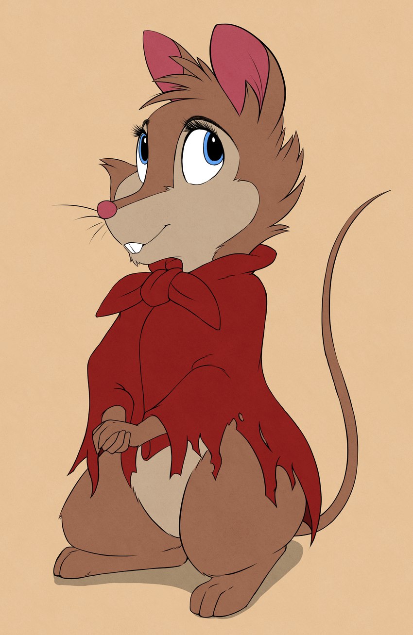 blue_eyes brown_body brown_fur cloak clothing female feral fur hand_on_hand simple_background smile solo teeth denzeltip don_bluth the_secret_of_nimh mrs._brisby mammal mouse murid murine rodent wood_mouse absurd_res hi_res