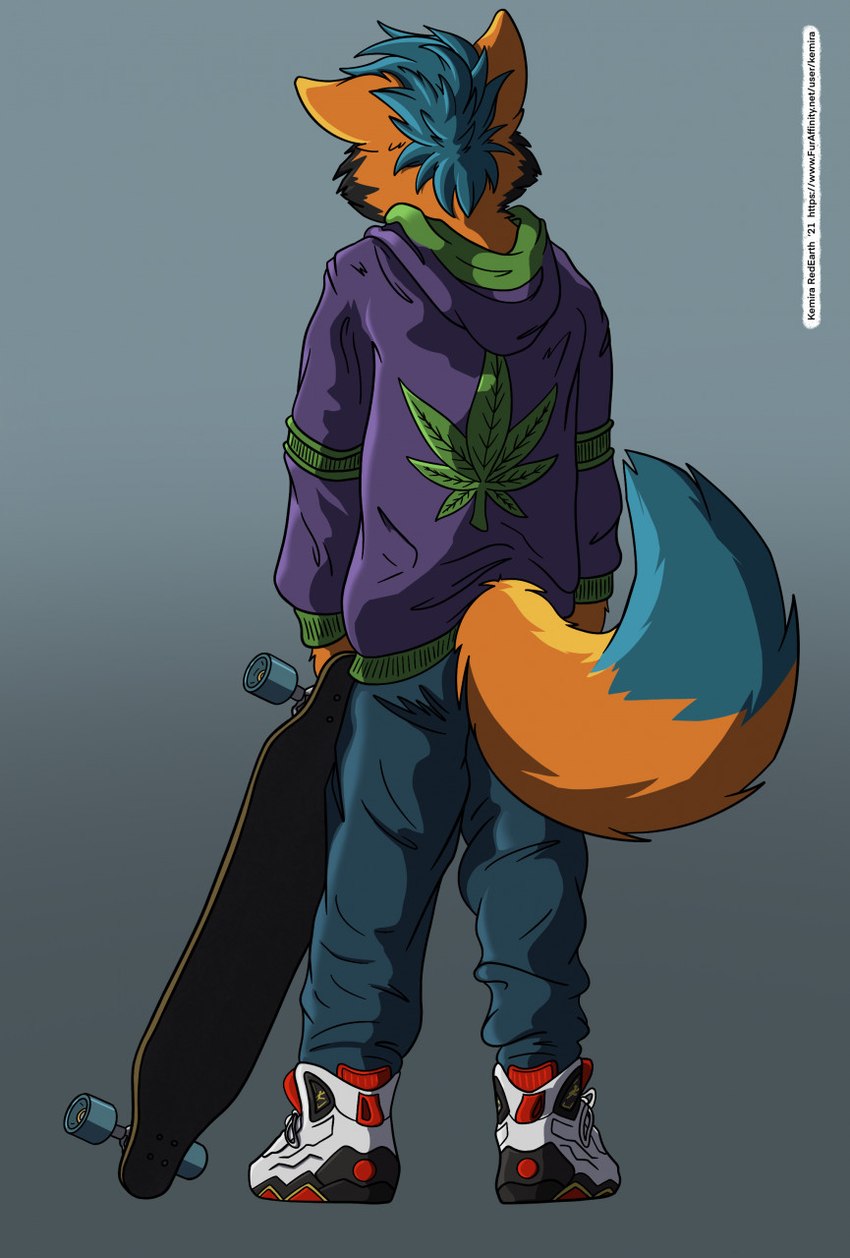 ambiguous_gender anthro black_body black_fur blue_body blue_bottomwear blue_clothing blue_fur blue_hair blue_pants bottomwear clothing drugs footwear fur gradient_background grey_background hair hoodie long_tail longboard marijuana marijuana_leaf multicolored_body multicolored_fur orange_body orange_fur pants pointy_ears prick_ears purple_clothing purple_hoodie purple_topwear rear_view shoes simple_background sneakers solo standing tail text topwear two_tone_body two_tone_fur kemira canid canine canis domestic_dog mammal 2021 artist_name full-length_portrait hi_res portrait url