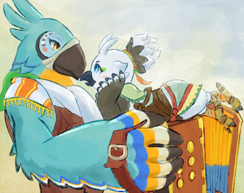 accordion ambiguous_gender anthro beak black_beak blue_body blue_eyes blue_feathers duo feathers male male/male musical_instrument smile white_body white_feathers wings young young_ambiguous young_anthro sheep_riritoto breath_of_the_wild nintendo tears_of_the_kingdom the_legend_of_zelda kass_(tloz) tulin_(tloz) avian rito