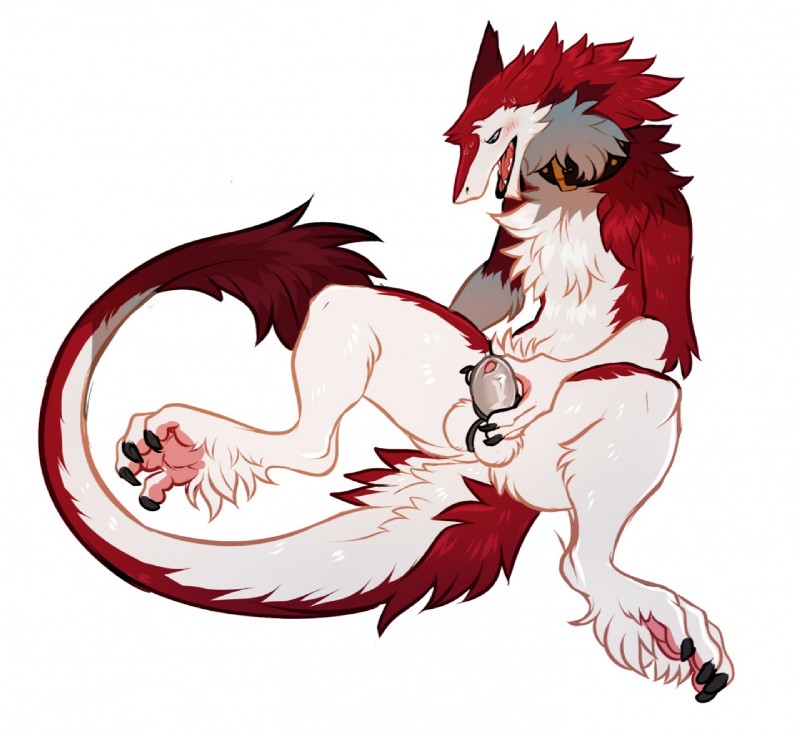 anthro balls blush bodily_fluids chastity_cage chastity_device claws collar fluffy fur genitals male nude paws penis penis_poking_out sheath_cage solo spread_legs spreading sweat tail hoot_(artist) cassius_(oldmancassius) mammal sergal 2019