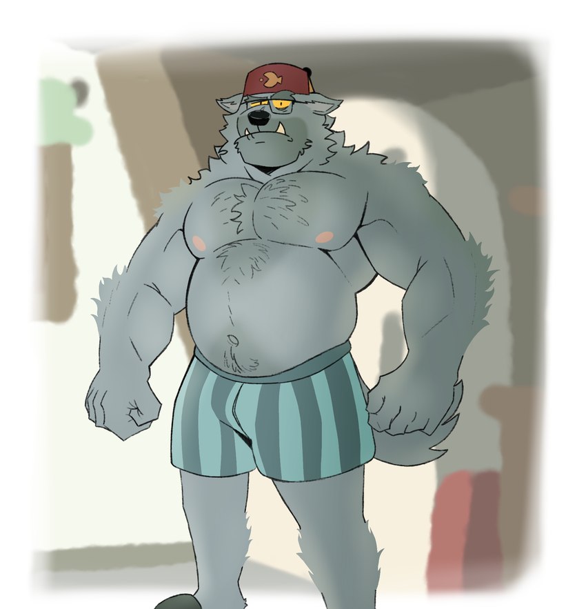 anthro belly biped clothed clothing elderly eyewear fur glasses grey_body grey_fur hairy hat headgear headwear looking_at_viewer male mature_male musclegut muscular simple_background solo tail teeth_showing topless topless_male underwear yellow_eyes vaggo disney gravity_falls stan_pines canid canine canis mammal wolf hi_res grandparent_(lore)