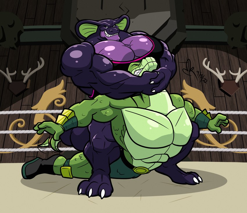 abs anthro belt biceps boots bottomwear claws clothing duo eyes_closed fighting_ring footwear green_body handwear male muscular muscular_male pecs purple_body shoes smile smirk struggling teeth topwear wrestling wrestling_singlet gepredators disney ducktales ducktales_(2017) jormungandr_(ducktales) king_sethrophe cobra mammal reptile scalie snake hi_res