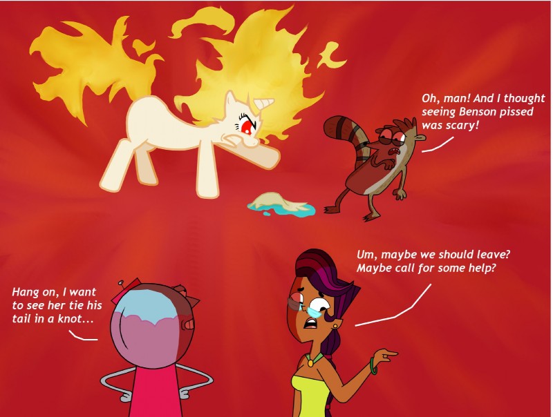 angry anthro dialogue female feral fire group horn male nude red_eyes scared teeth text cartuneslover1 cartoon_network friendship_is_magic hasbro my_little_pony mythology regular_show teletoon total_drama benson_dunwoody rigby_(regular_show) sierra_(total_drama) twilight_sparkle_(mlp) equid equine human mammal mythological_creature mythological_equine procyonid raccoon unicorn crossover english_text hi_res