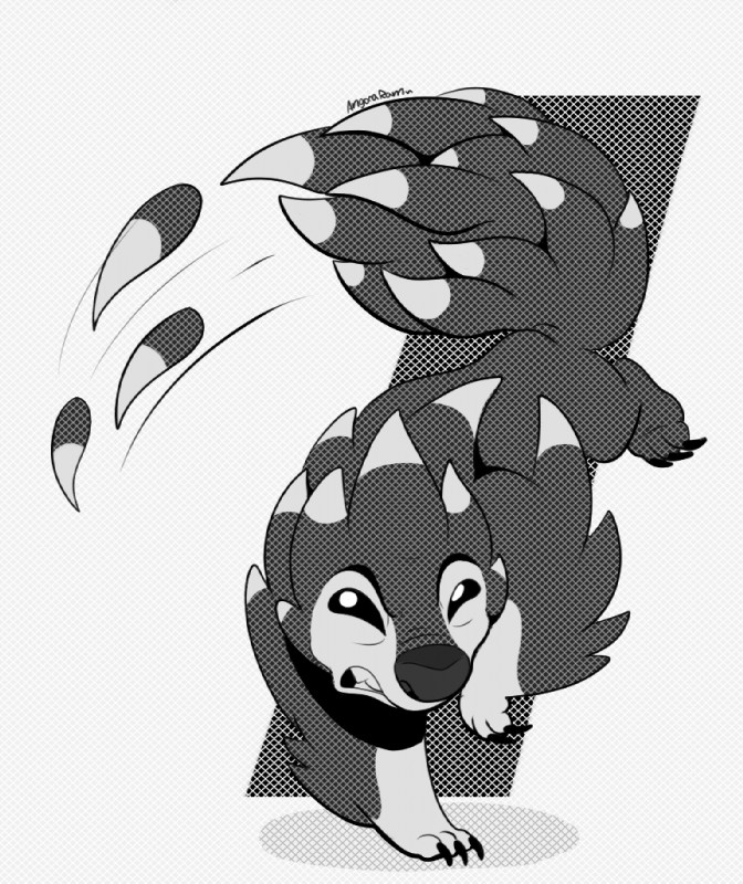 ambiguous_gender angry attack claws feral grey_background quills_(anatomy) screentone simple_background solo angoraram disney lilo_and_stitch spike_(lilo_and_stitch) alien experiment_(lilo_and_stitch) mammal rodent 2018 digital_drawing_(artwork) digital_media_(artwork) greyscale monochrome signature