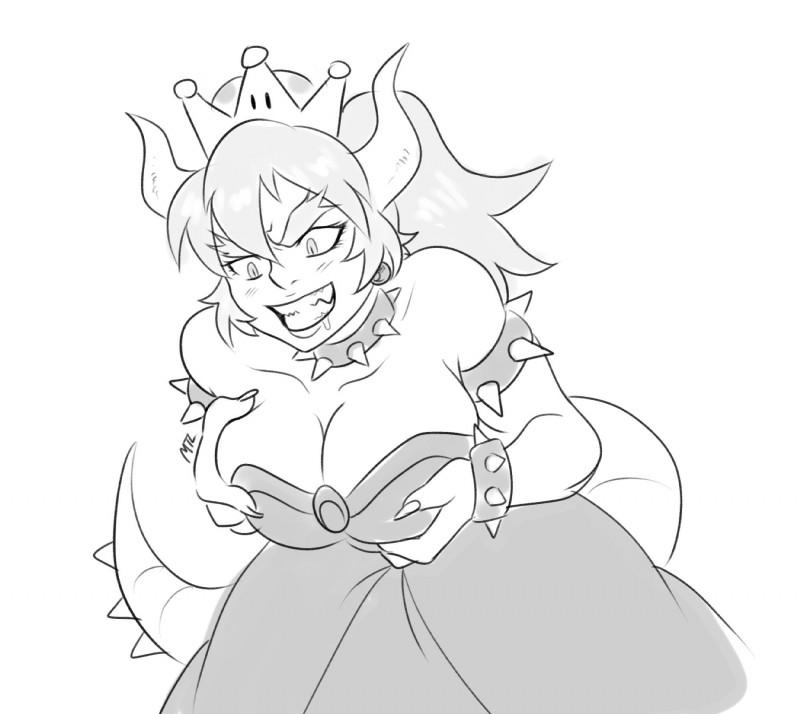 alternate_species ball_gown big_breasts blush bodily_fluids breasts crossgender crown drooling eyebrows female hand_on_breast headgear holding_breast humanoidized mtf_crossgender saliva solo super_crown thick_eyebrows metalling bowsette_meme mario_bros mega_milk nintendo bowser animal_humanoid humanoid koopa mammal scalie hi_res meme monochrome