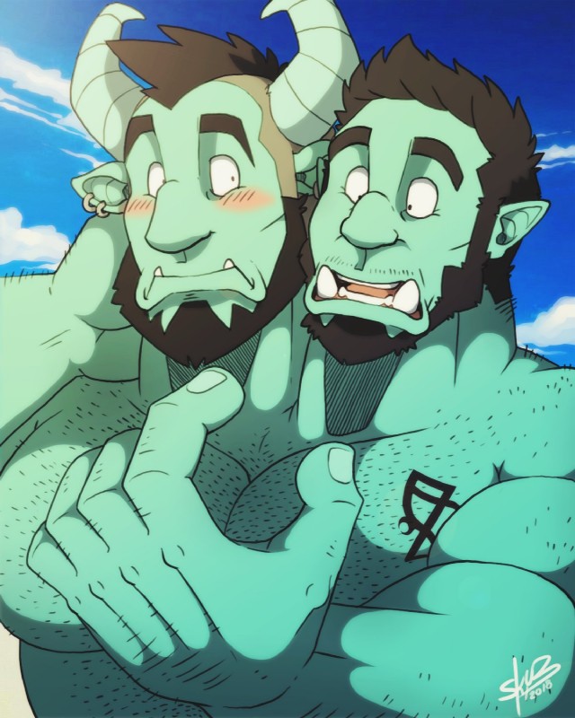 2_heads beard blush conjoined ear_piercing ear_ring facial_hair forced gasp green_body green_skin horn implied_transformation male merging multi_head multifur muscular muscular_male piercing ring_piercing surprise sky3 orcanist fydes_(orcanist) humanoid ogre orc 4:5 hi_res