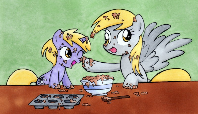 baked_goods blonde_hair cutie_mark derp_eyes duo feathered_wings feathers female feral food fur grey_body grey_feathers grey_fur hair horn muffin wings yellow_eyes young young_feral the_dark_lord_keisha friendship_is_magic hasbro my_little_pony mythology derpy_hooves_(mlp) dinky_hooves_(mlp) equid equine mammal mythological_creature mythological_equine pegasus unicorn hi_res