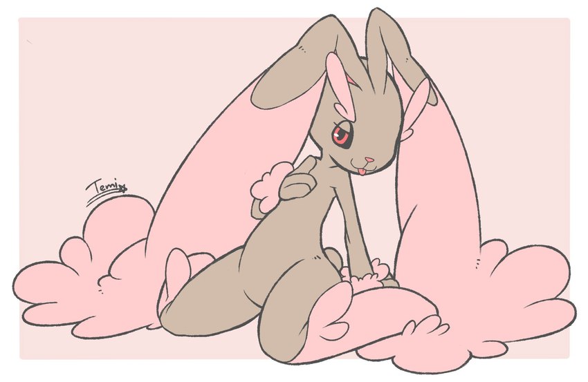 :3 ambiguous_gender anthro black_sclera blep border brown_body brown_fur featureless_crotch fur pink_background pink_body pink_fur pose red_eyes simple_background smile solo tongue tongue_out white_border temitess nintendo pokemon generation_4_pokemon lopunny pokemon_(species) shiny_pokemon 2017 full-length_portrait hi_res pinup portrait