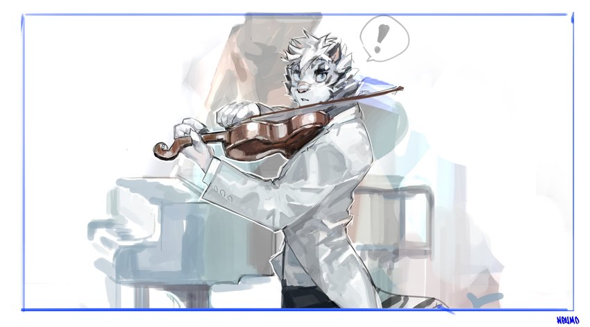 anthro black_body black_fur blazer bowed_string_instrument clothing fur hair keyboard_instrument looking_at_viewer male musical_instrument piano solo string_instrument stripes tail topwear violin white_body white_fur white_hair neumokun arknights hypergryph studio_montagne mountain_(arknights) felid mammal pantherine tiger 2021 hi_res