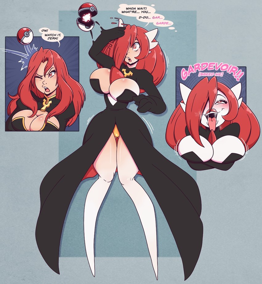 ahegao anthro big_breasts black_clothing black_dress blush breasts cleavage clothed clothed_anthro clothed_female clothing dialogue dress female hair hair_over_eye human_to_humanoid long_hair looking_pleasured mind_alteration open_mouth pokeball red_hair requesting sex_request solo species_transformation speech_bubble text thigh_gap tongue tongue_out transformation transformation_sequence wrenzephyr2 nintendo pokemon gardevoir generation_3_pokemon human humanoid mammal pokemon_(species) 2024 english_text hi_res