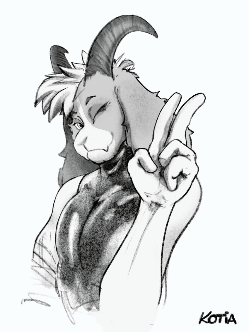 anthro clothing eyelashes femboy gesture hand_gesture horn latex latex_clothing latex_topwear looking_at_viewer male one_eye_closed pecs solo topwear v_sign victory wink winking_at_viewer kotia bovid caprine goat mammal 3:4 hi_res monochrome portrait