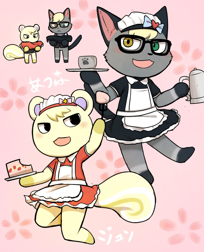 anthro blonde_hair blush chibi clothed clothing crossdressing duo eyewear fur glasses grey_body grey_fur hair heterochromia maid_uniform male text uniform white_body white_fur sirius_hoshi_s animal_crossing nintendo marshal_(animal_crossing) raymond_(animal_crossing) domestic_cat felid feline felis mammal rodent sciurid hi_res japanese_text