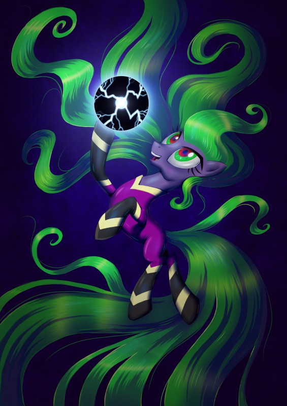 clothed clothing costume electro_orb female fur green_eyes green_hair hair purple_body purple_fur solo stasysolitude friendship_is_magic hasbro my_little_pony mane-iac_(mlp) power_ponies_(mlp) earth_pony equid equine horse mammal pony 2013 hi_res