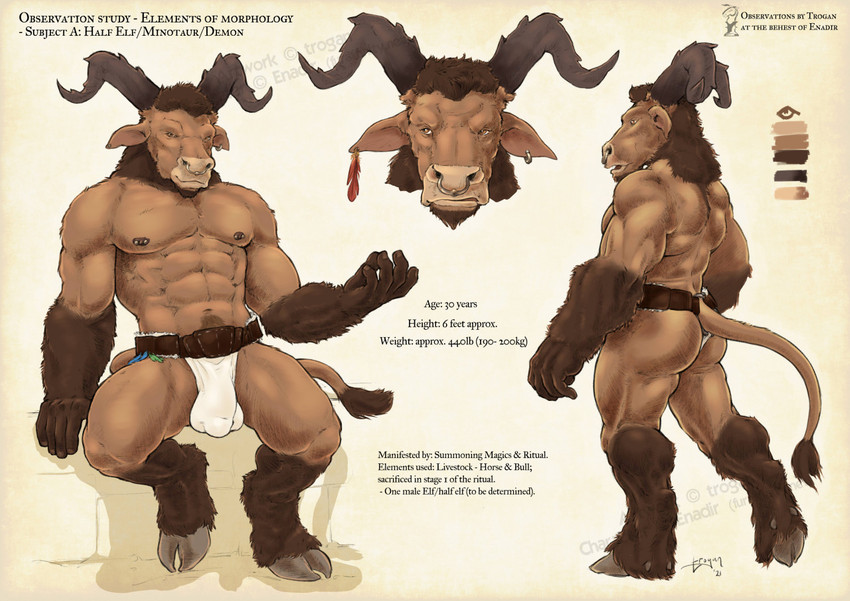 anthro bottomwear bulge clothing detailed_bulge fantasy genital_outline hooves horn loincloth male muscular penis_outline piercing solo text trogan european_mythology greek_mythology mythology kesh_(enadir) bovid bovine mammal minotaur english_text