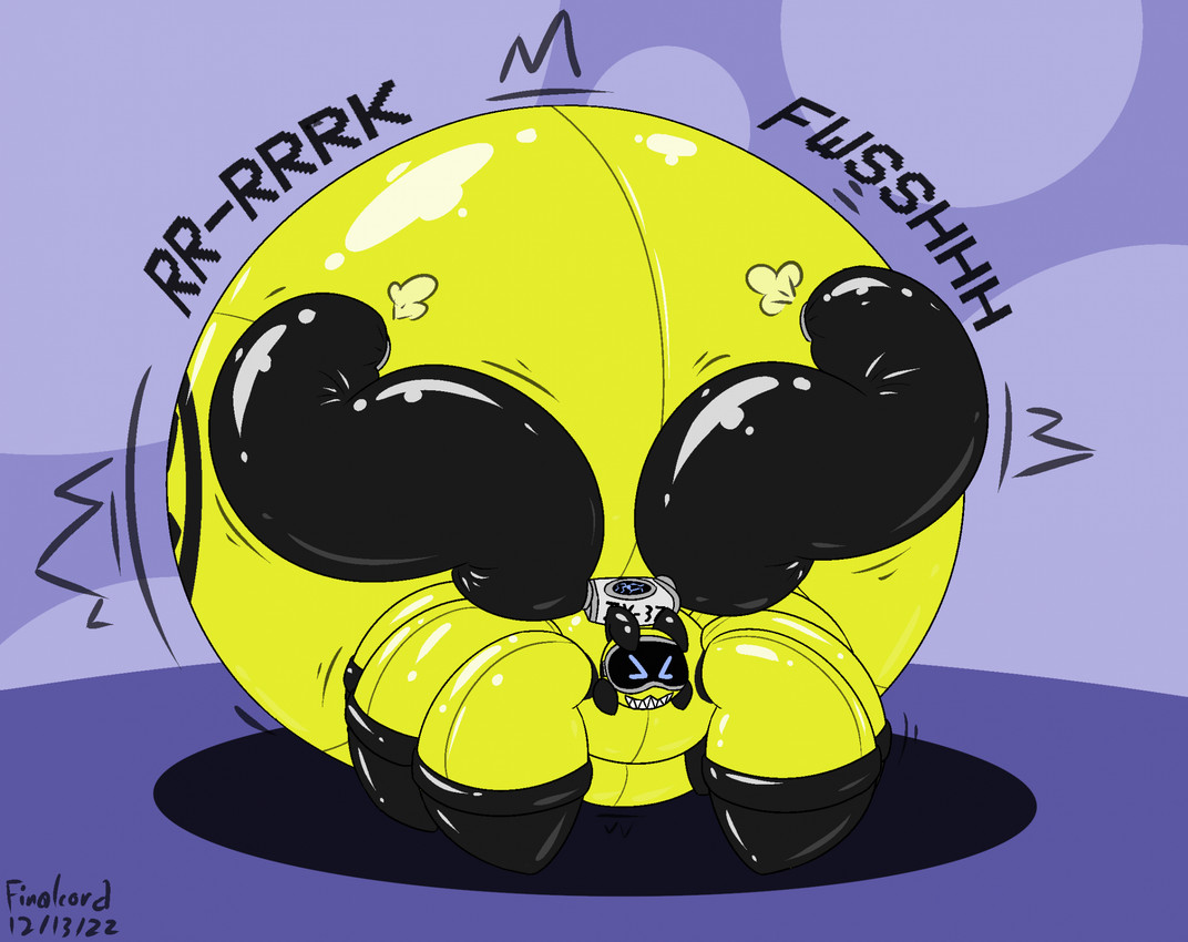 8_legs >_< abdominal_bulge air_inflation clothing eyes_closed glistening glistening_body hyper hyper_abdomen hyper_inflation inflation latex_body motion_lines onomatopoeia shadow sound_effects text topwear tube_bulge yellow_body finalcord ix-37 arachnid arthropod spider 2022 artist_name character_name dated hi_res