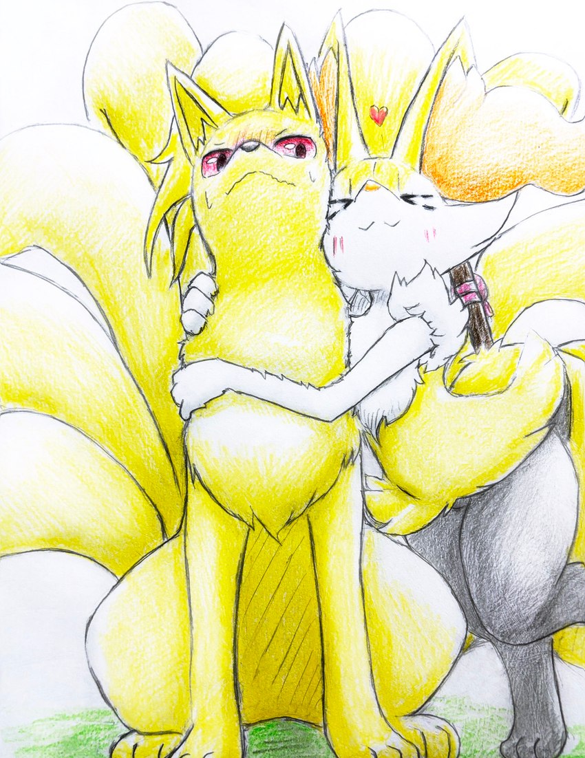 ambiguous_gender anthro blush blush_lines bodily_fluids duo eyes_closed feral fur heart_symbol hug inner_ear_fluff multi_tail orange_body orange_fur paws raised_leg red_eyes stick sweat tail tuft white_body white_fur yellow_body yellow_fur eiroru nintendo pokemon braixen canid canine generation_1_pokemon generation_6_pokemon mammal ninetales pokemon_(species) 2024 graphite_(artwork) hi_res traditional_media_(artwork)