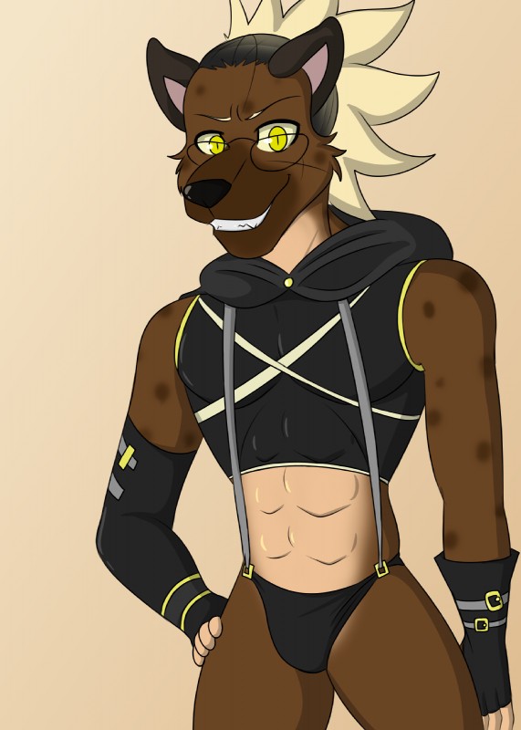 anthro armwear brown_body brown_fur clothed clothing eyebrows eyewear fur glasses gloves hair handwear hood male scar simple_background smile solo standing suspenders underwear klr-rio radi_(klr-rio) hyena mammal spotted_hyena 2019 digital_media_(artwork) hi_res