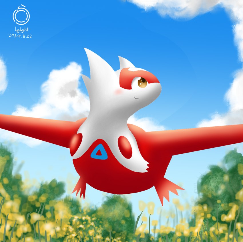 blue_sky brown_eyes cloud detailed_background female feral floral flower flying forest landscape landscape_background looking_forward multicolored_body outside plant red_body red_wings sky smile solo tree two_tone_body white_body wings yellow_flower kemo_leight nintendo pokemon generation_3_pokemon latias legendary_pokemon pokemon_(species) hi_res