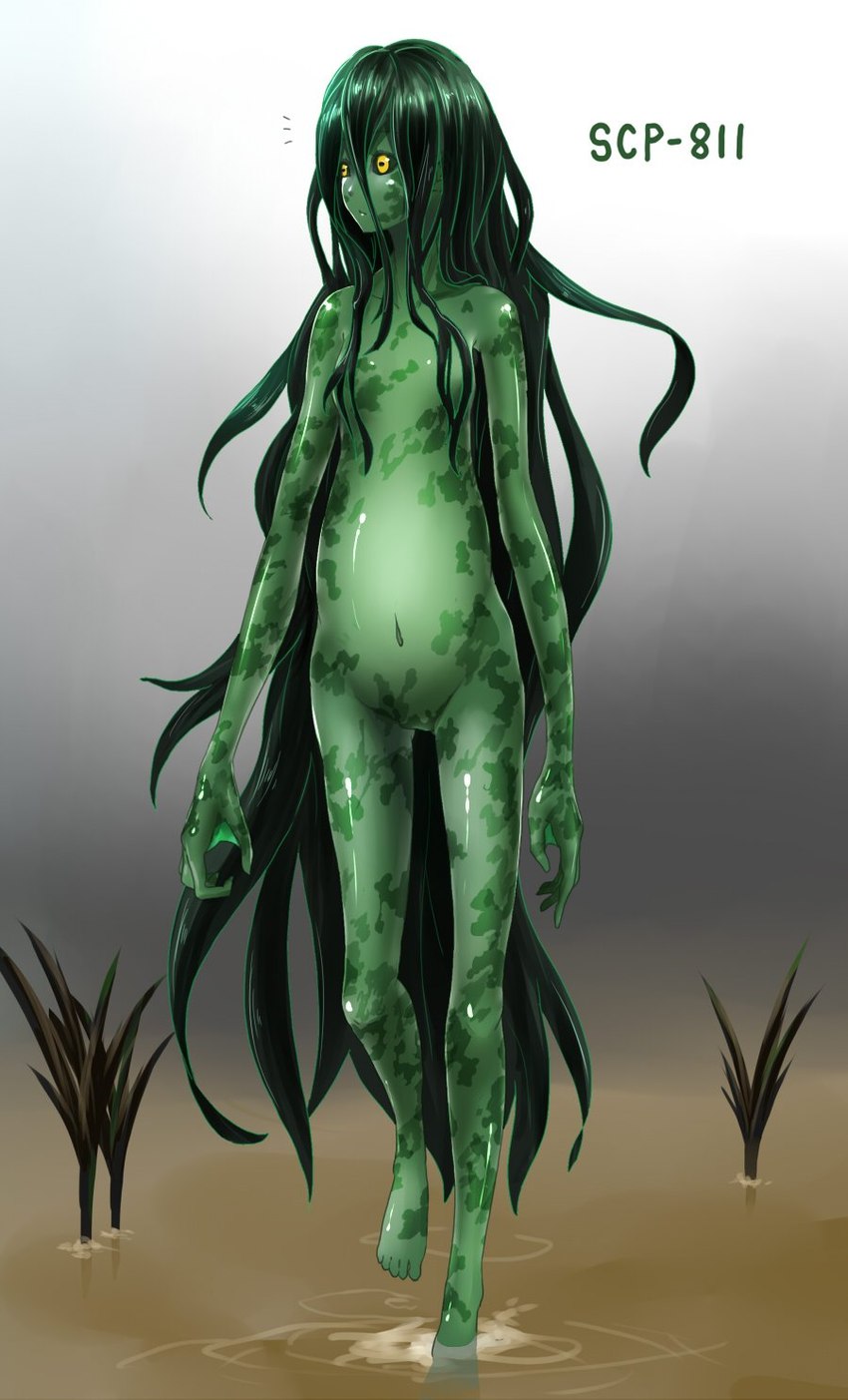 5_fingers 5_toes belly black_sclera breasts expressionless featureless_breasts featureless_crotch feet female female_humanoid fingers glistening glistening_body gradient_background green_body green_hair green_skin hair hair_between_eyes humanoid_feet long_hair markings membrane_(anatomy) navel nude plant plantigrade simple_background small_breasts solo spots spotted_body spotted_skin swamp toes walking water webbed_hands yellow_eyes hayama_oz scp_foundation scp-811 amphibian amphibian_humanoid animal_humanoid humanoid character_name full-length_portrait hi_res portrait