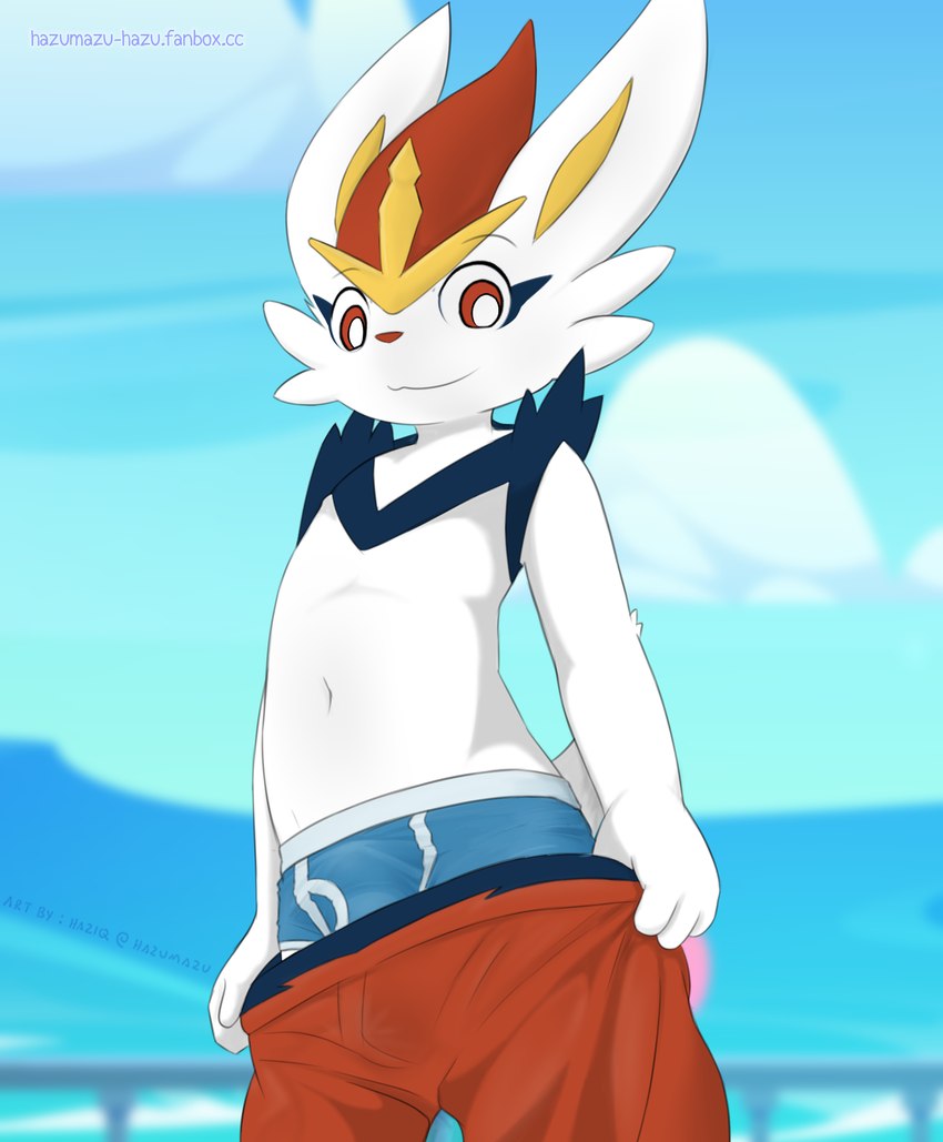 4_fingers anthro blue_briefs blue_clothing blue_underwear bottomwear briefs clothing cloud fingers fur happy male navel outside pants pulling_down_pants red_bottomwear red_clothing red_eyes red_pants sky solo tail underwear undressing_self white_body white_fur hazumazu nintendo pokemon cinderace generation_8_pokemon pokemon_(species) 2024 hi_res