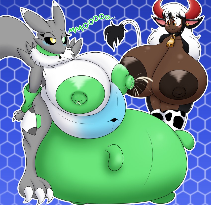 anthro belly belly_expansion belly_inflation big_breasts bodily_fluids breast_expansion breast_milking breasts breasts_and_teats duo expansion female female/female growth huge_breasts inflation lactating nipple_fetish nipple_play nipple_suck nipples sucking teats udder_growth udders wrong_udders vlea bandai_namco digimon digiwolx_(character) mocha_(vglaceon) digimon_(species) humanoid renamon absurd_res hi_res