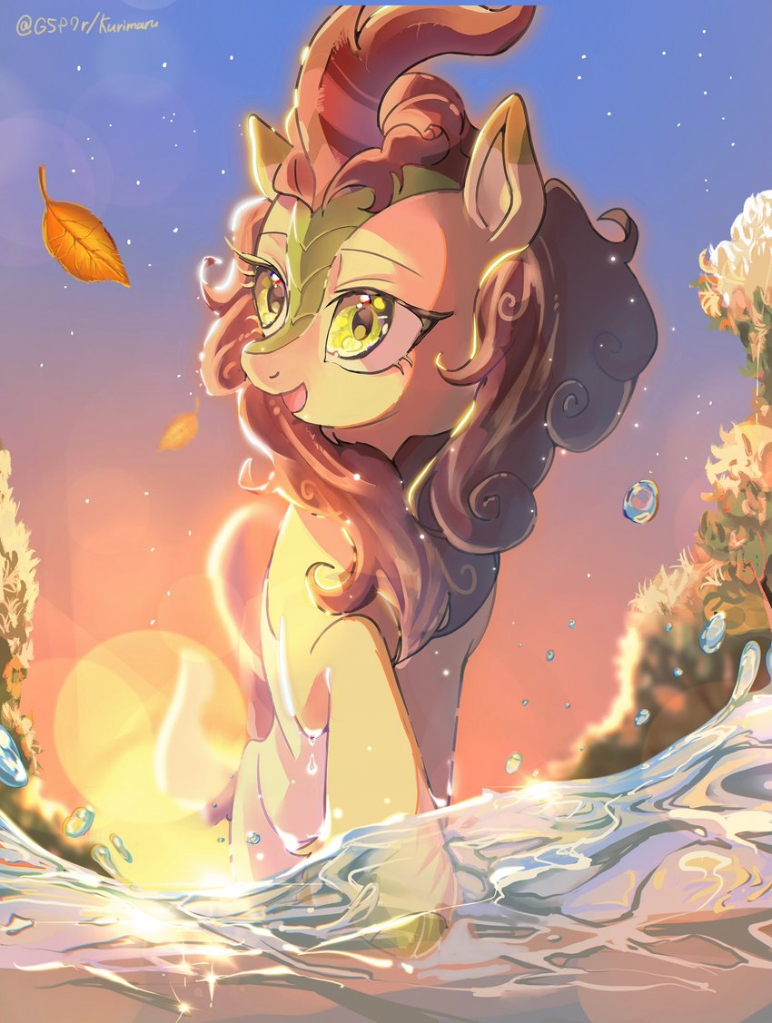 cloven_hooves dipstick_ears ear_markings eyelashes female feral glistening green_body green_scales hooves horn kemono leaf male multicolored_ears open_mouth scales solo water yellow_eyes g5p7r friendship_is_magic hasbro my_little_pony mythology autumn_blaze_(mlp) dragon kirin mythological_creature mythological_scalie scalie 2025 hi_res