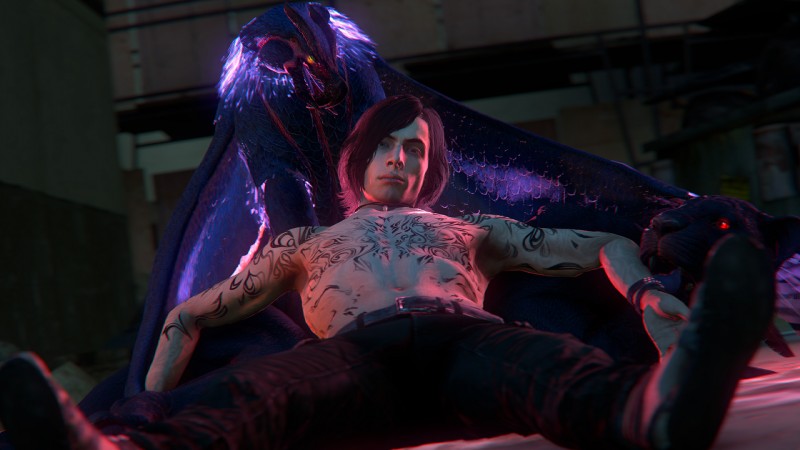 black_body black_fur blue_body blue_feathers clothed clothing feathers feral fur licking looking_at_viewer lying male on_back open_mouth partially_clothed red_eyes teeth tongue tongue_out geetee capcom devil_may_cry devil_may_cry_5 griffon_(devil_may_cry) shadow_(devil_may_cry) v_(devil_may_cry) avian bird demon felid human mammal pantherine 16:9 3d_(artwork) digital_media_(artwork) hi_res source_filmmaker_(artwork) widescreen