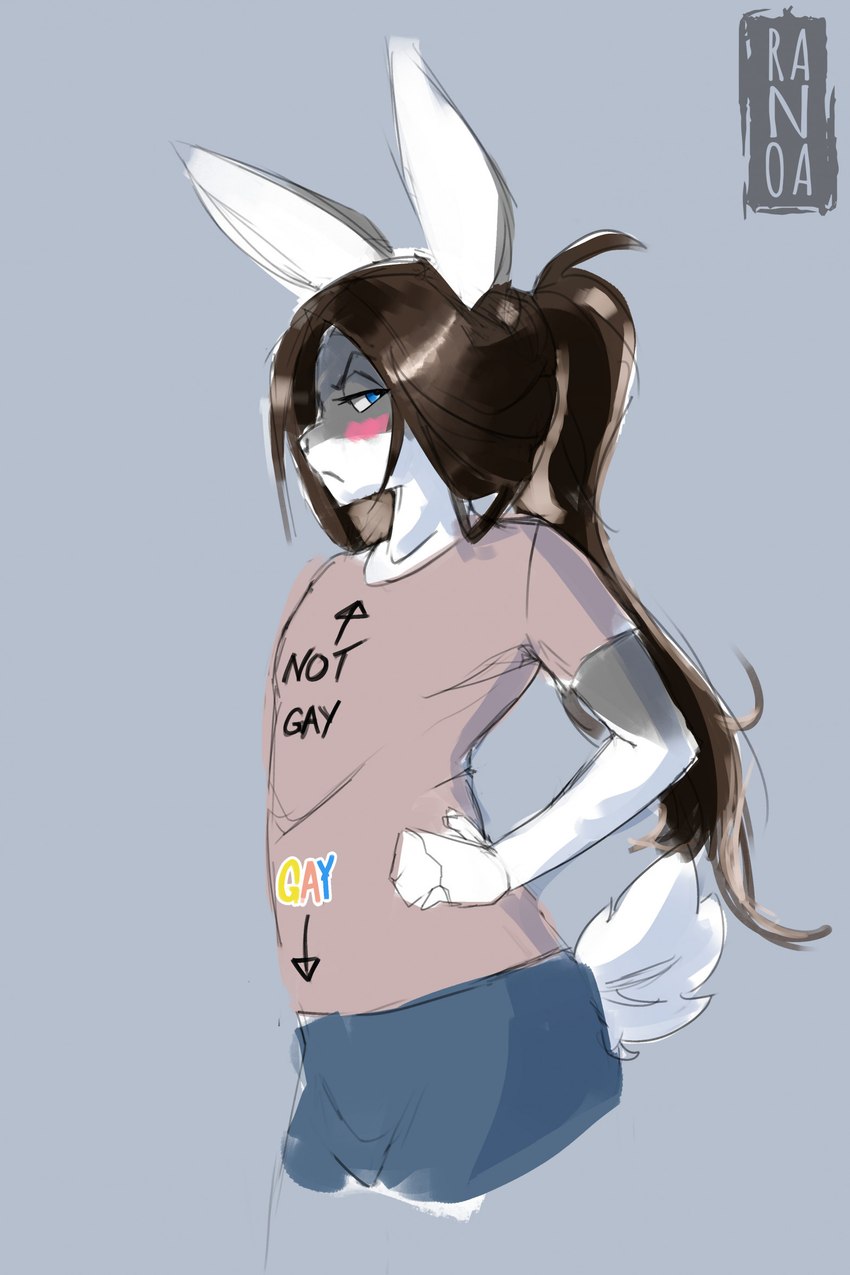 annoyed anthro arrow_pointing_to_crotch blue_eyes blush brown_hair clothed clothing directional_arrow femboy fur grey_body grey_fur hair hands_on_waist long_hair looking_at_viewer male simple_background solo stated_homosexuality stated_sexuality text text_on_clothing text_on_topwear topwear ranoa02 meme_clothing lagomorph leporid mammal rabbit 2023 colored hi_res meme shaded simple_shading watermark