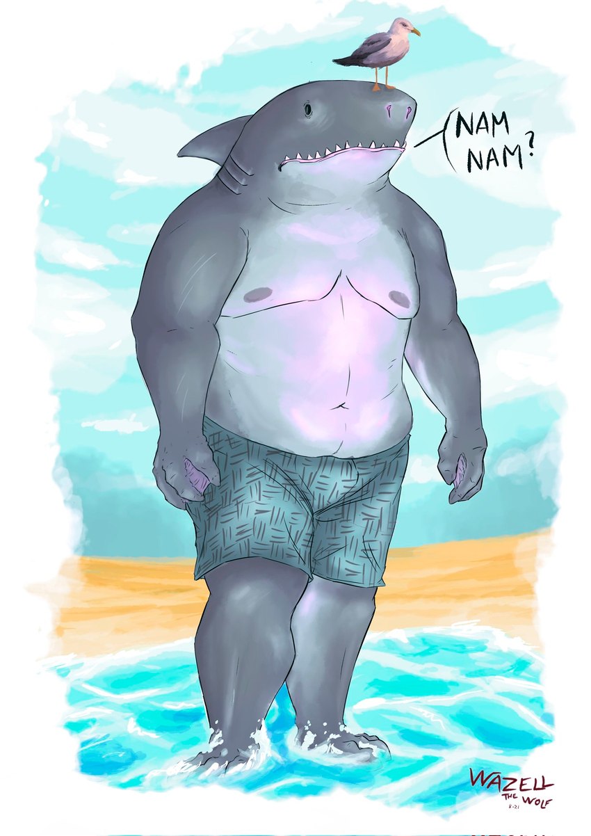 beach beak belly bottomwear clothing male nipples non-mammal_nipples outside overweight seaside shorts solo water wazellthewolf dc_comics suicide_squad king_shark nanaue avian bird fish gull humanoid lari larid marine shark hi_res