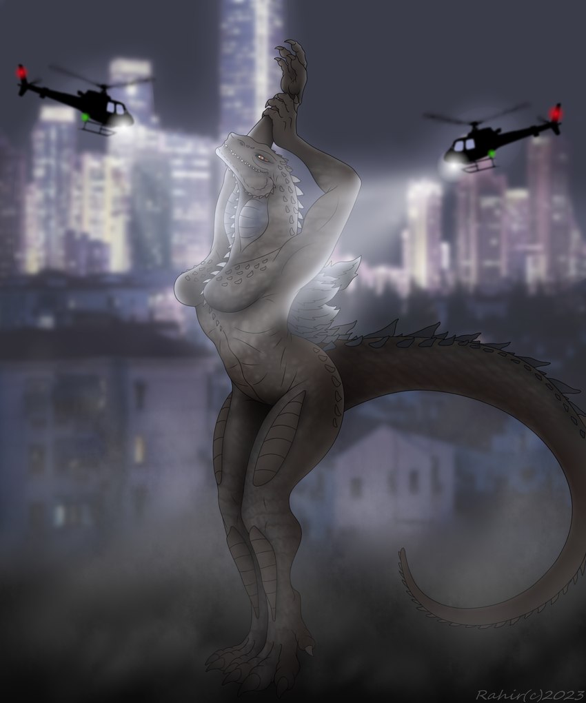 aircraft anthro breasts city cityscape featureless_breasts female helicopter macro night nude pose searchlight solo tail vehicle rahir godzilla_(series) mythology toho godzilla zilla dragon kaiju mythological_creature mythological_scalie reptile scalie 2023 5:6 digital_media_(artwork) hi_res