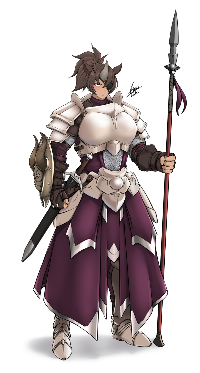 armor brown_hair eye_patch eyewear female hair holding_object holding_weapon horn melee_weapon polearm ponytail shield simple_background solo spear sword weapon white_background airisubaka animal_humanoid humanoid mammal mammal_humanoid rhinoceros rhinoceros_humanoid 2019 absurd_res hi_res