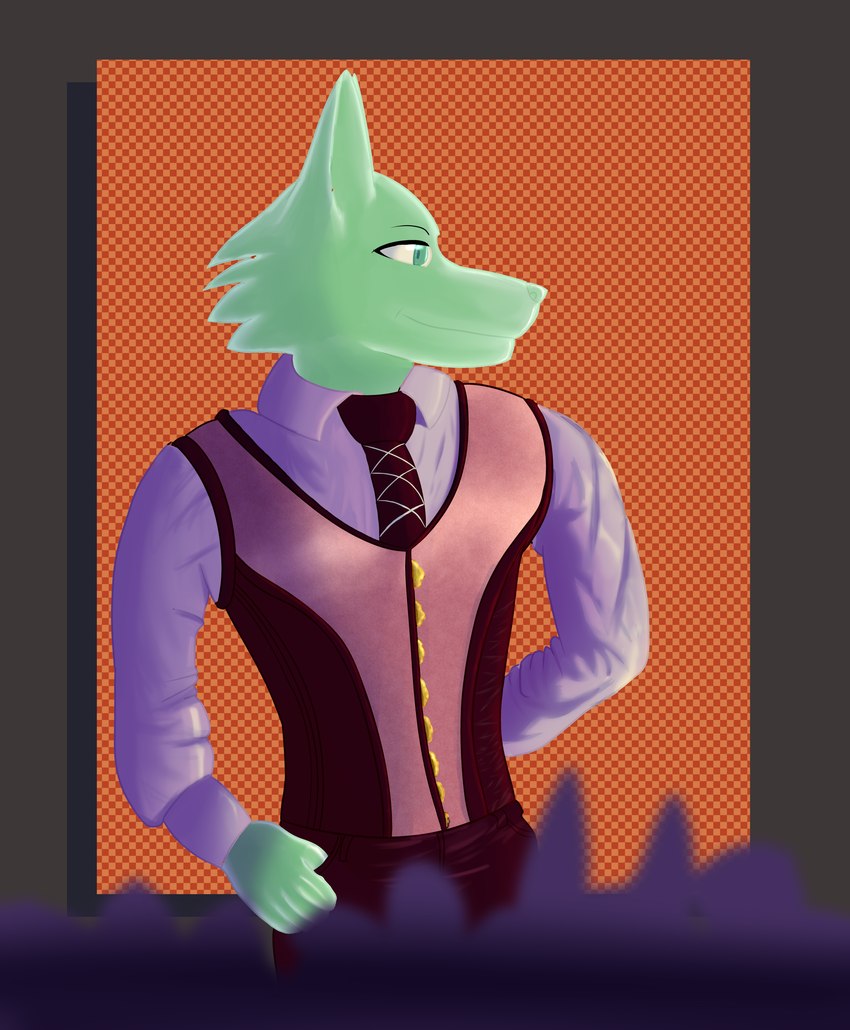 clothed clothing corset corset_suit fur green_body green_eyes green_fur green_skin hands_behind_back lingerie necktie purple_clothing red_background simple_background slime smile solo topwear morinkashi canid canine canis goo_creature hybrid mammal wolf absurd_res hi_res