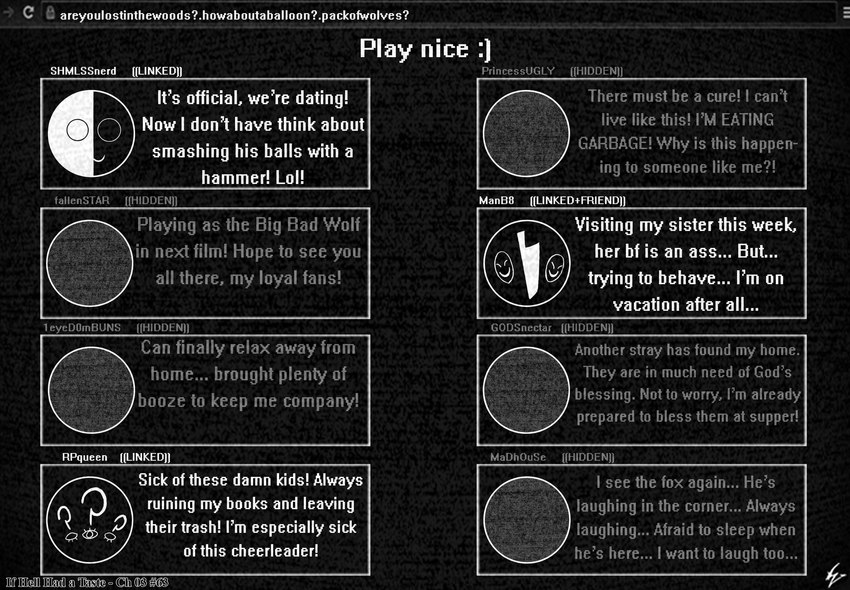 chat chat_box chat_room chat_window computer_screen knife question_mark smiley_face text web_browser zero_pictured viroveteruscy if_hell_had_a_taste 2016 comic english_text hi_res monochrome url