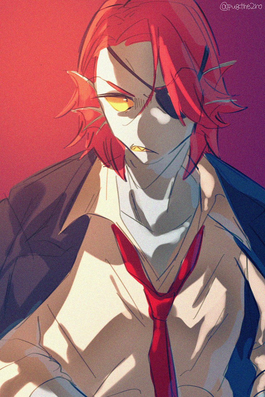 clothing eye_patch eyewear female fin hair hair_over_eye jacket loose_tie necktie one_eye_obstructed open_mouth pupils red_hair red_necktie sharp_teeth shirt simple_background slit_pupils solo teeth topwear white_clothing white_shirt white_topwear yellow_sclera pugthe2ro undertale_(series) undyne animal_humanoid fish fish_humanoid humanoid marine marine_humanoid 2:3 hi_res